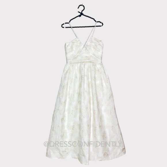 NWT MONIQUE LHUILLIER Spaghetti strap Metallic Jacquard Midi Dress - Ivory - Picture 8 of 16